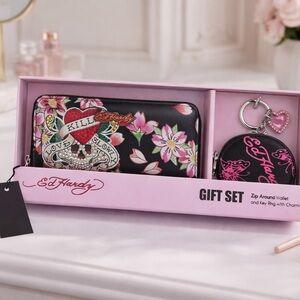 Ed Hardy Black Wallet & Key Ring Set with Pink Floral and Red Heart Graphics